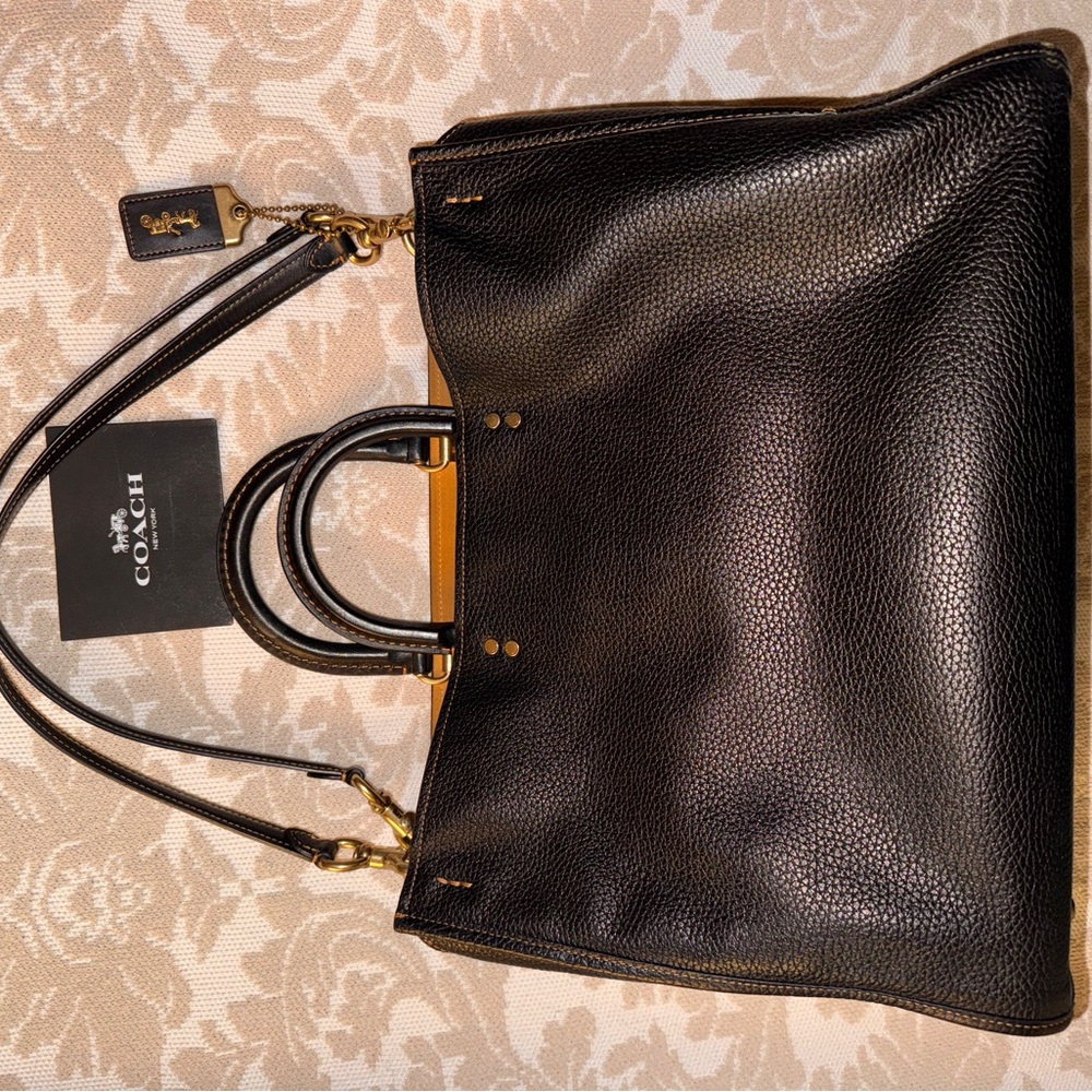 Coach Black Leather Tote with Gold Accents